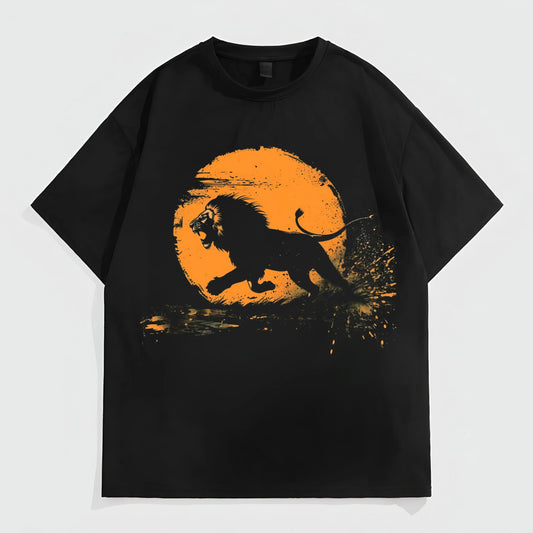Men's Casual T-Shirt Lion Silhouette Sunset Print for Outdoor Activities Fashion Tees For Summer