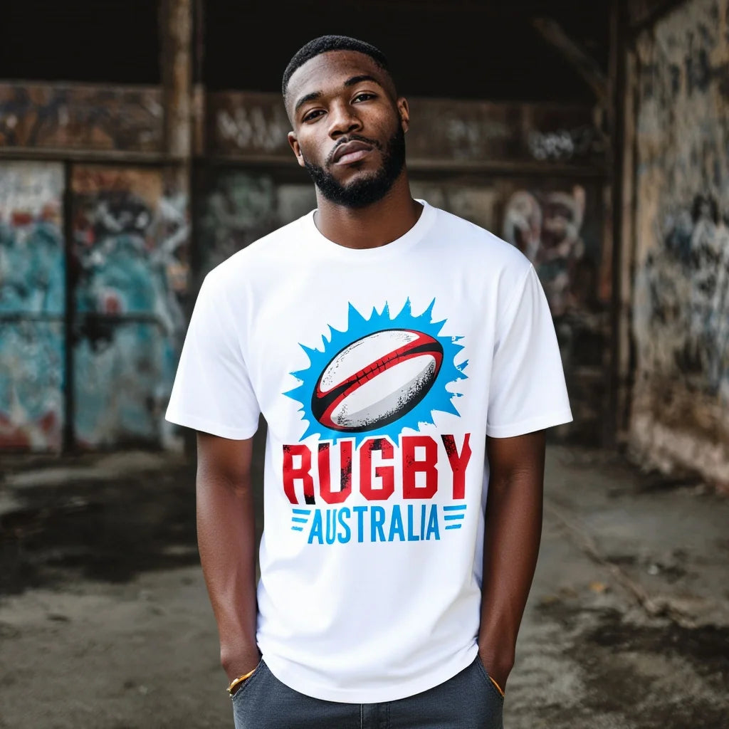 Men's Casual T Shirt with Sport Ball Graphic and Text Rugby Country for Sports Fans Fashionable Graphic Tee for Men