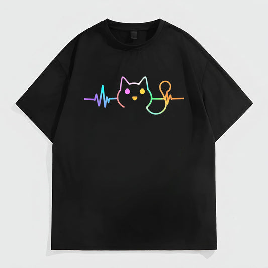 Black Short Sleeve T-Shirt with Colorful Cat Heartbeat Design for Casual Wear Fashion Tees For Summer