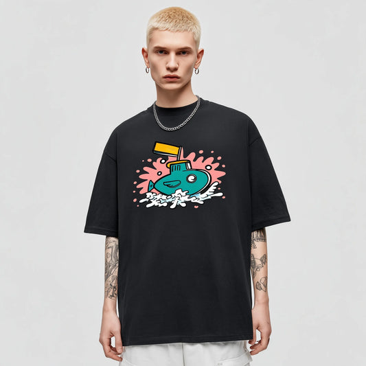 Trendy Tees For Man Oversized T-Shirt with Abstract Fish and Paint Splash Print for Casual Wear