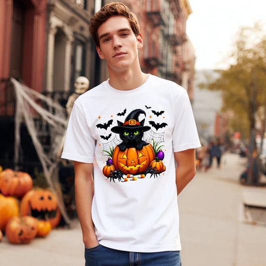 Halloween Themed T Shirt Black Cat Pumpkin Bat Print Casual Wear for Festive Party Events Fashionable Graphic Tee for Men