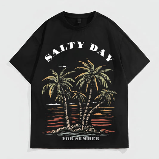 Fashion Tees For Summer Men's Casual T-Shirt Palm Tree and Sunset Print SALTY DAY FOR SUMMER Text Summer Beachwear Fashion Top