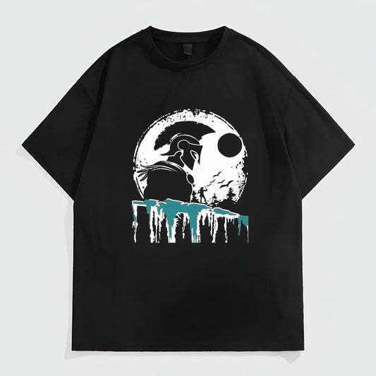 Trendy T-Shirt For Man Black Short Sleeve T-Shirt with Abstract Skull and Moon Print for Casual Wear