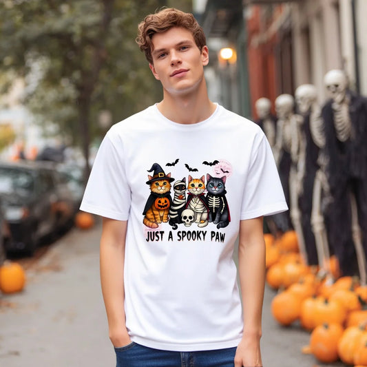 White Round Neck T Shirt with Halloween Cats and Pumpkins Print for Festive Season Fashionable Graphic Tee for Men