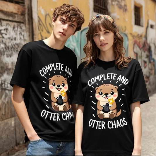 Couples T Shirts Cute Otter Print Complete and Otter Chaos Design for Casual Wear Graphic Tee For Summer 2025