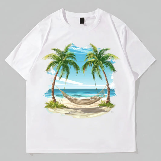 Summer Casual T-Shirt Palm Tree Beach Hammock Print for Vacation Travel POD Graphic Tees