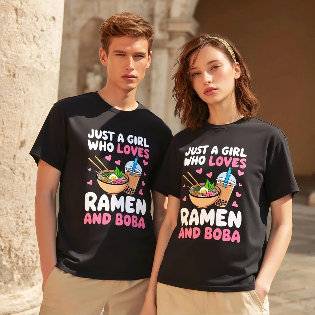 Couples T Shirts Just a Girl Who Loves Ramen and Boba Print Casual Daily Wear for Travel Party Trendy Graphic Tee 2025