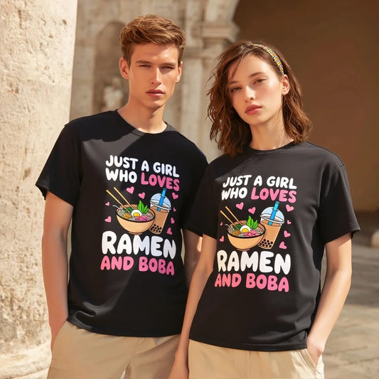 Couples T Shirts Just a Girl Who Loves Ramen and Boba Print Casual Daily Wear for Travel Party Trendy Graphic Tee 2025