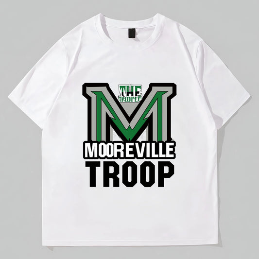 White T-Shirt with Green Mooreville Troop Logo Print for Casual Wear Trendy Tees For Men
