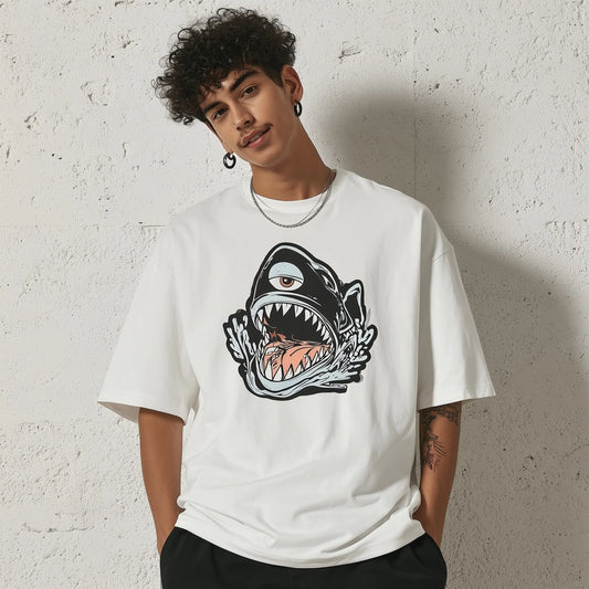 Trendy Tees For Man Casual T-Shirt Shark Mouth Graphic Print Summer Daily Wear