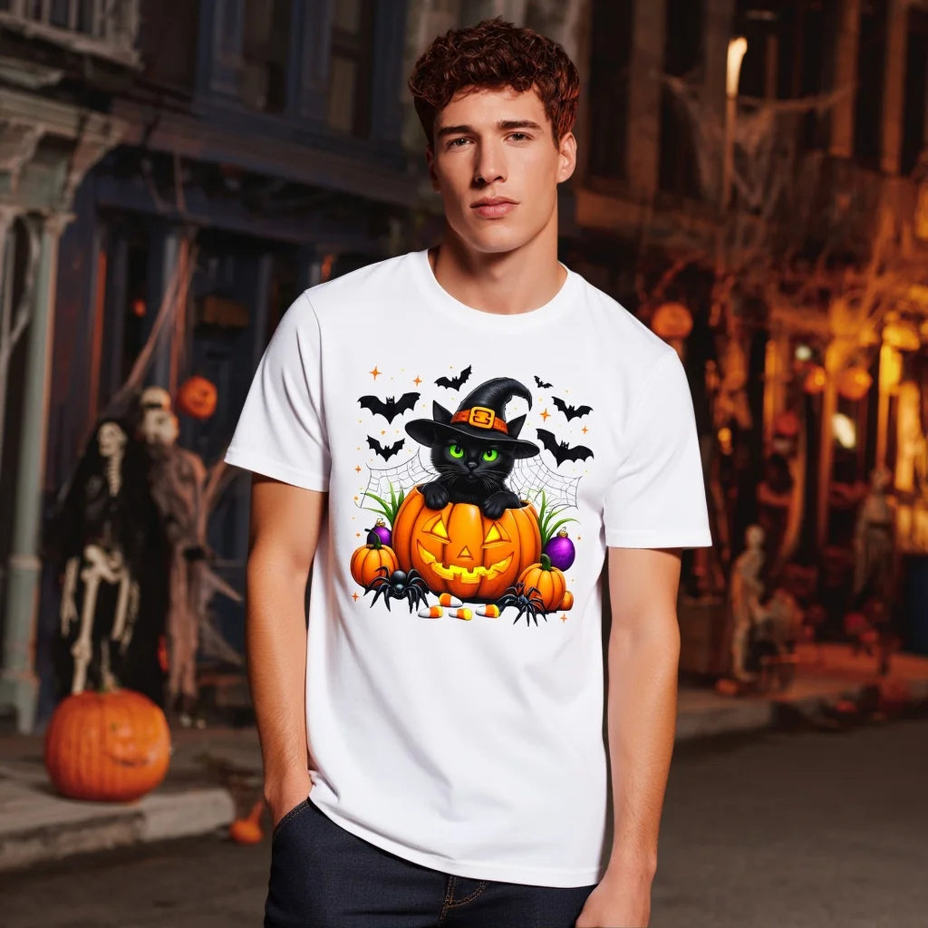 Halloween Casual Round Neck Short Sleeve T-Shirt Regular Fit Cat and Pumpkin Print Comfortable Breathable Men's Top Wear for Daily Use