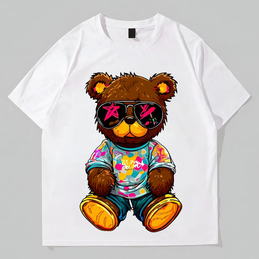 Trendy T-Shirt For Man Fashionable Round Neck T-Shirt Cute Bear with Sunglasses and Colorful Shirt Print for Casual Wear