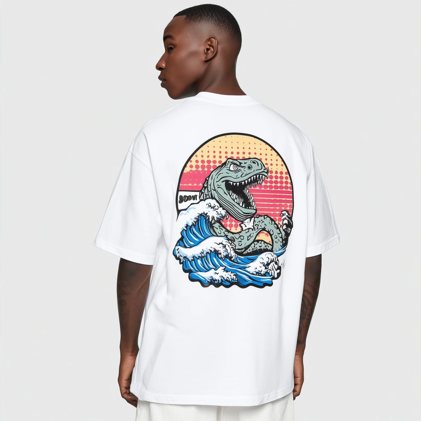 Trendy Tees For Man Casual T-Shirt Dinosaur Wave Print Graphic Tee for Daily Wear