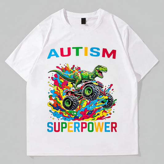 Colorful Dinosaur Monster Truck Print T-Shirt Autism Superpower Text Design for Kids Casual Wear Fashion Tees For Summer