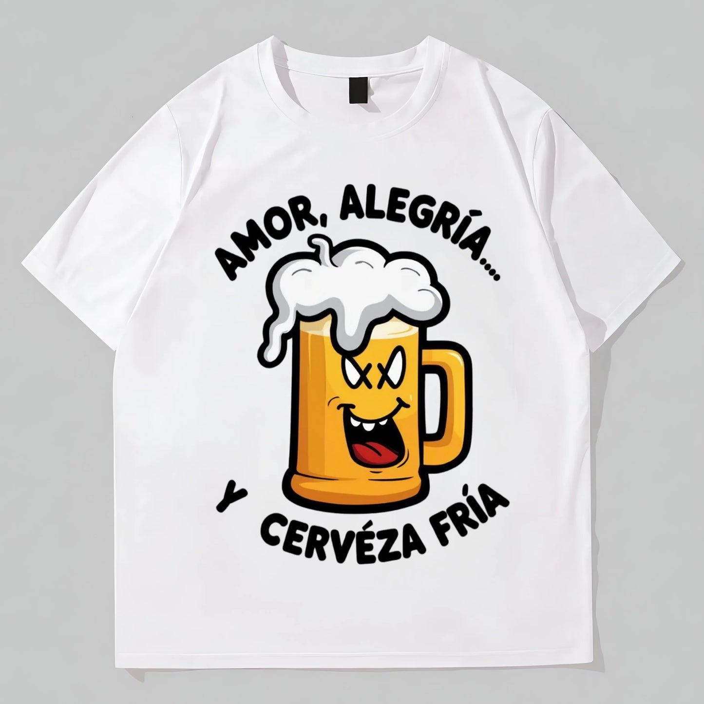 White T-Shirt with Fun Beer Mug Print and Spanish Text for Casual Wear POD Graphic Tees