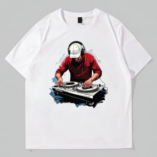 White Short Sleeve T-Shirt DJ Musician Graphic Print for Party and Daily Wear Graphic Tees Design