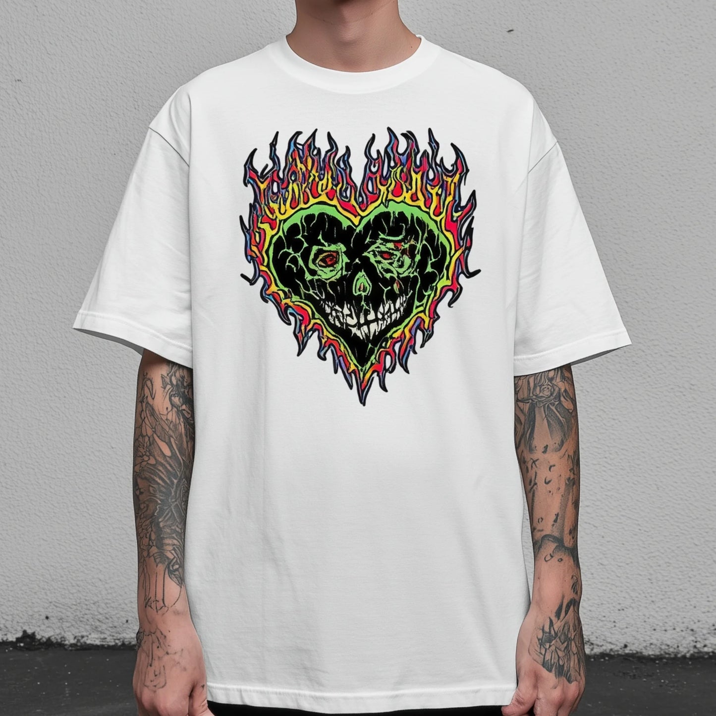 Trendy Tees For Man Casual T-Shirt Flame Heart Skull Print Daily Wear Street Style Graphic Tee for Summer Fashion Top
