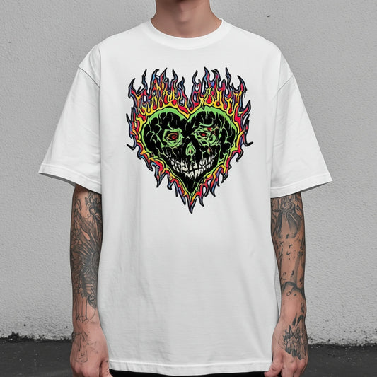 Trendy Tees For Man Casual T-Shirt Flame Heart Skull Print Daily Wear Street Style Graphic Tee for Summer Fashion Top