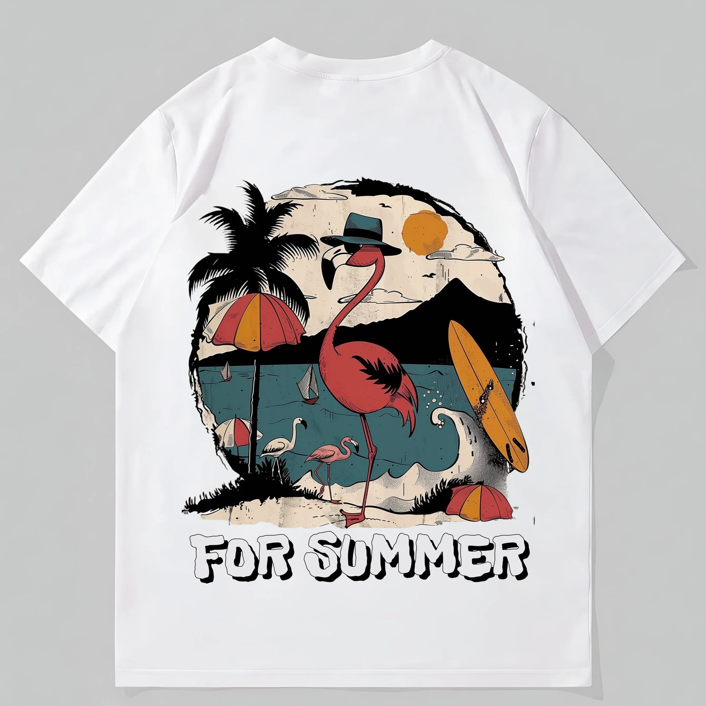 Fashion Tees For Summer Summer T-Shirt with Flamingo Beach Scene Print for Vacation Wear