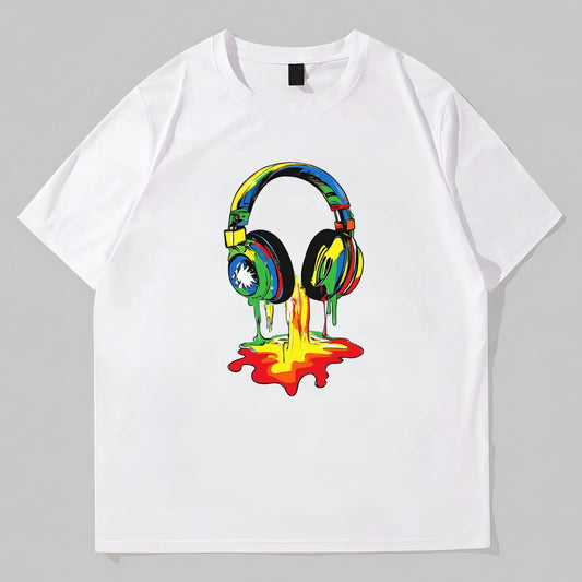 Colorful Headphone Design White T-Shirt Rainbow Paint Drip Art Print Casual Wear Men Women Daily Streetwear Fashion Top POD Graphic Tees