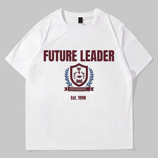 White Short Sleeve T-Shirt Future Leader Text and Crest Design for School Events Trendy Tees For Men