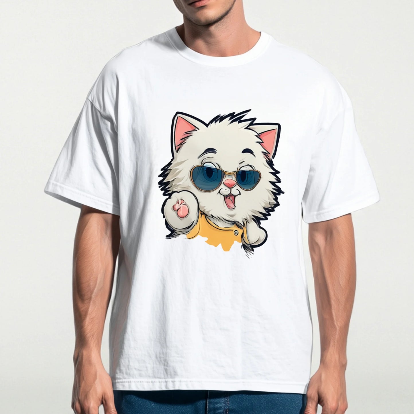 Trendy Tee Shirts Cute Cat Design T-Shirt with Sunglasses Print for Casual Wear Men's Fashion Graphic Tee Summer Daily Outfit Top