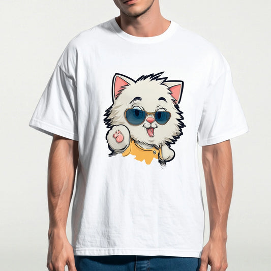 Trendy Tee Shirts Cute Cat Design T-Shirt with Sunglasses Print for Casual Wear Men's Fashion Graphic Tee Summer Daily Outfit Top