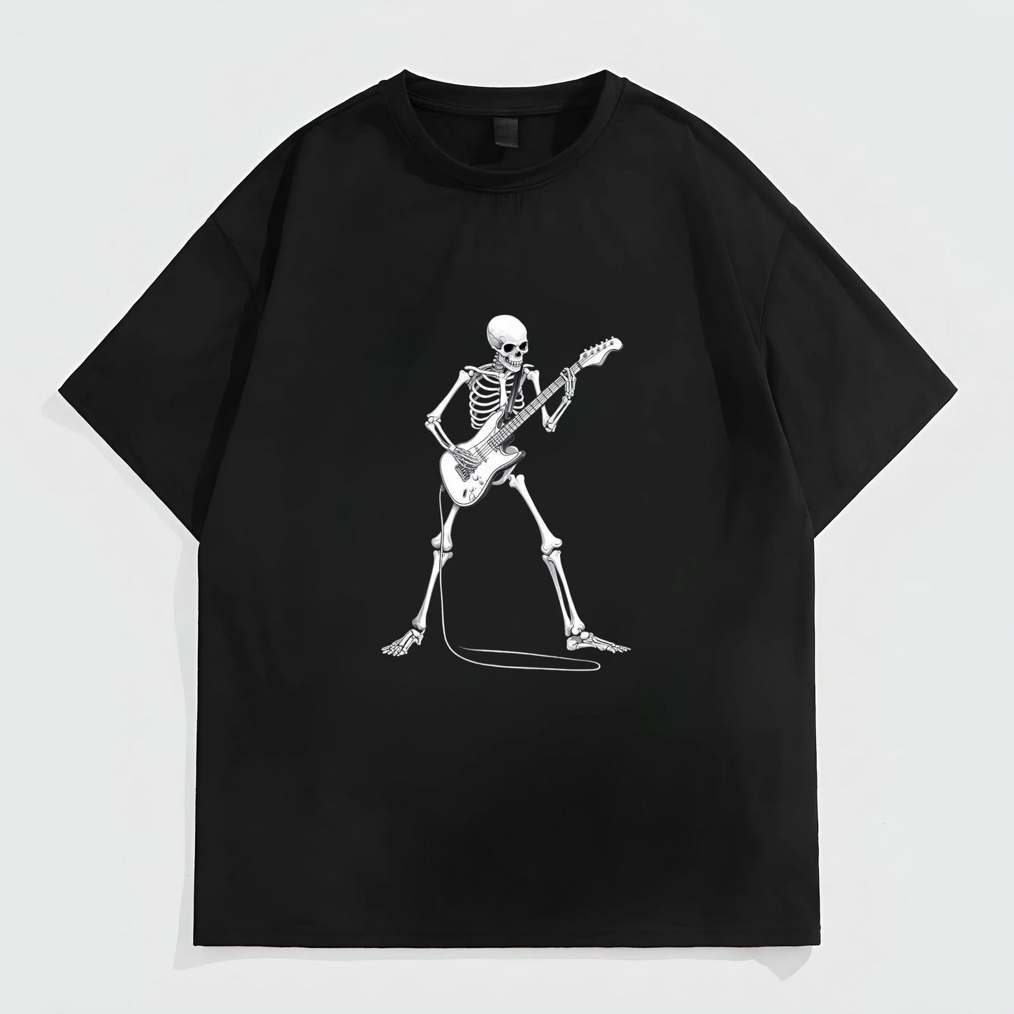 Black Short Sleeve T-Shirt with Skeleton Playing Guitar Print for Casual Wear Trendy Tees Trends