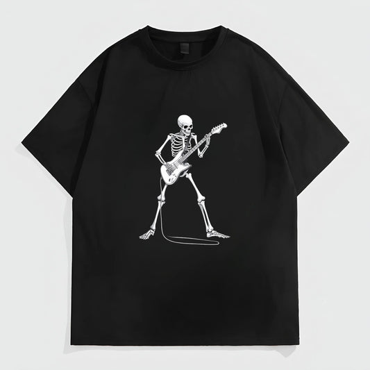 Black Short Sleeve T-Shirt with Skeleton Playing Guitar Print for Casual Wear Trendy Tees Trends