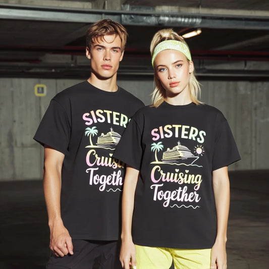 Cotton T Shirt Palm Tree and Ship Print Sisters Cruising Together for Travel Outfits Trendy Graphic Tee 2025