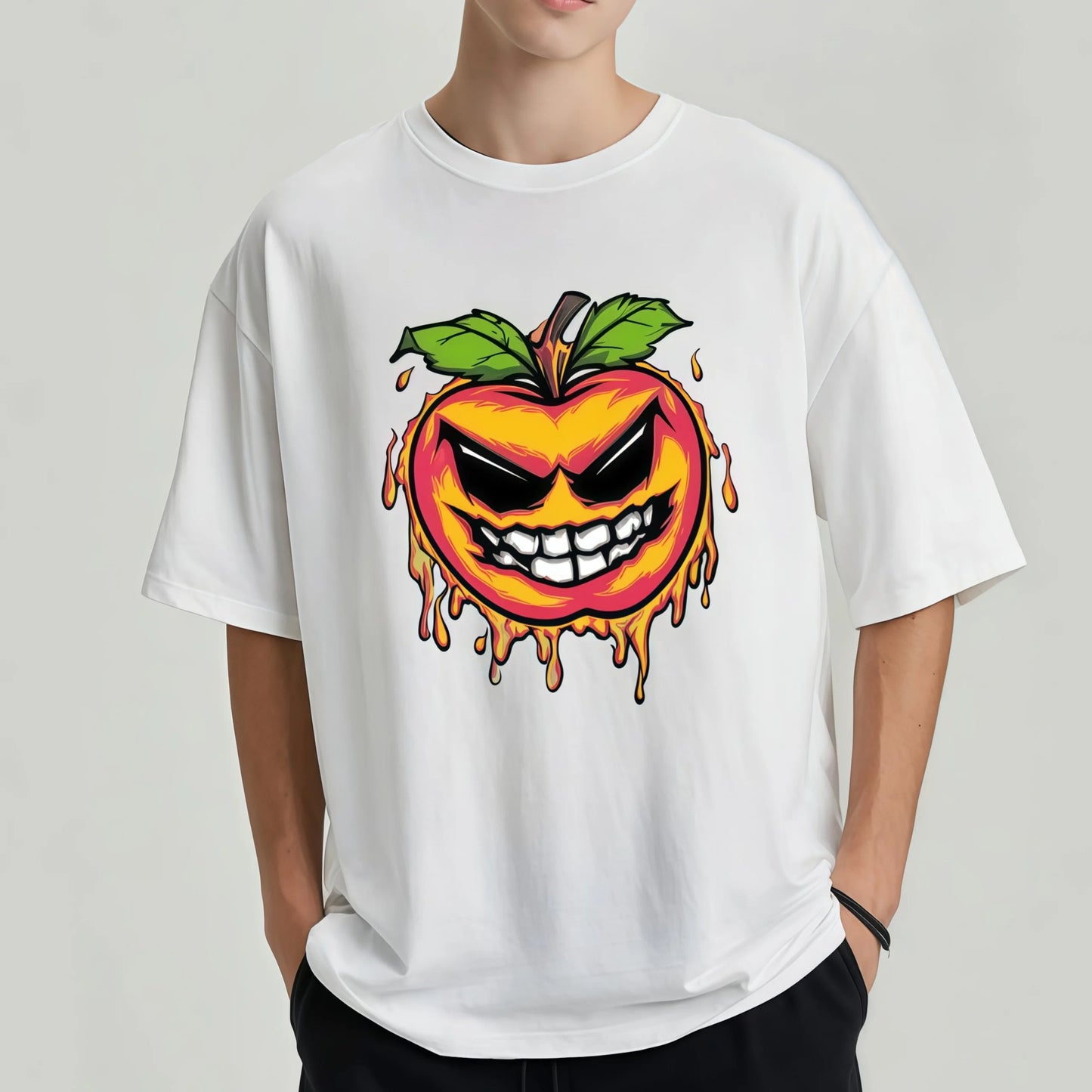 Graphic Fashion Tees For Man White T-Shirt with Cartoon Pumpkin Face Print for Halloween Party