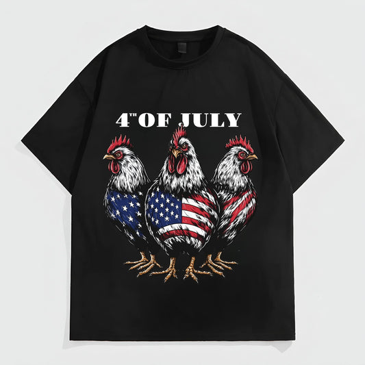 Graphic Tees Boutique Black Short Sleeve T-Shirt with Roosters and Flag Print for Independence Day Celebrations