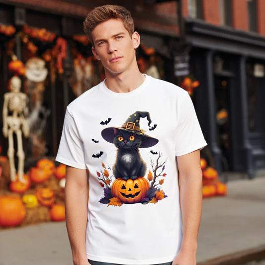 Crew Neck T Shirt Halloween Cat Pumpkin Bat Print Casual Wear for Festive Party Fashionable Graphic Tee for Men