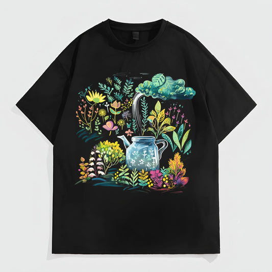 Black Short Sleeve T-Shirt with Colorful Garden Print for Casual Wear Fashion Tees For Summer