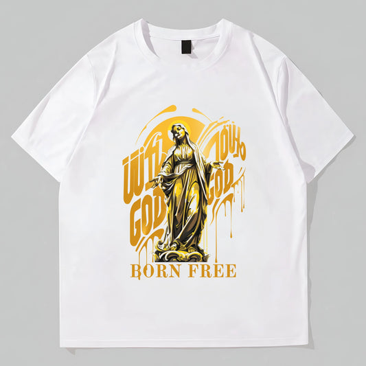 White T-Shirt with Golden Statue and Inspirational Text for Casual Wear Fashion Tees For Summer