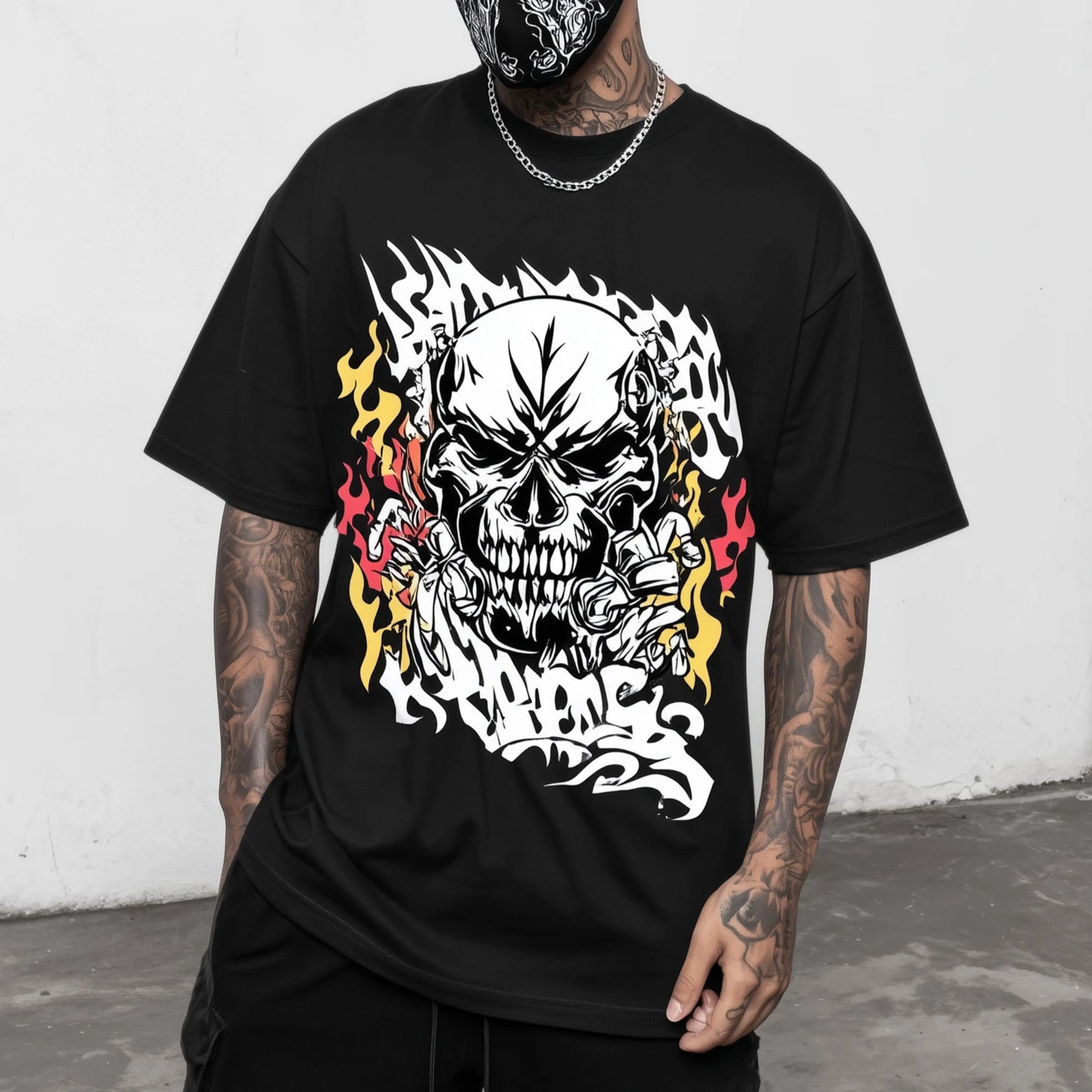 Trendy Tees For Man Casual T-Shirt Skull Flame Graphic Print Streetwear Daily Wear