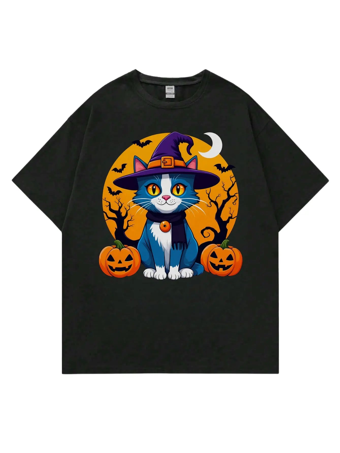 Halloween Loose Fit Short Sleeve Round Neck Casual Style T-Shirt Cat Print Comfortable Men's Top Fashionable Streetwear