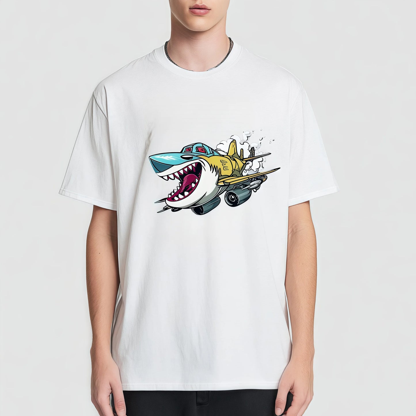 Pod Graphic Tees Men's Casual T-Shirt Shark and Banana Print Summer Daily Wear