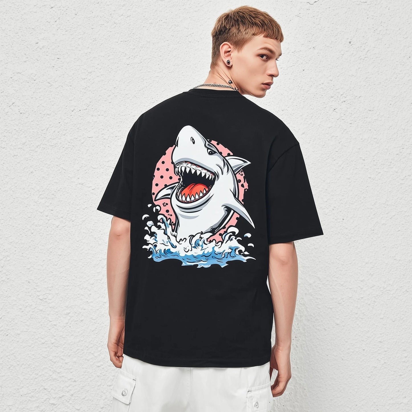Trendy Tees For Man Casual T-Shirt Shark Graphic Print Summer Beachwear