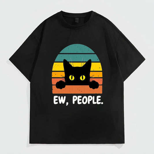 Black Short Sleeve T-Shirt with Cat and Sunset Print Ew, People - Casual Daily Wear for Men Women Graphic Tees Design