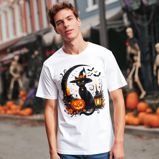 Halloween Themed T Shirt Black Cat and Pumpkin Print Casual Wear for Festive Party Fashionable Graphic Tee for Men