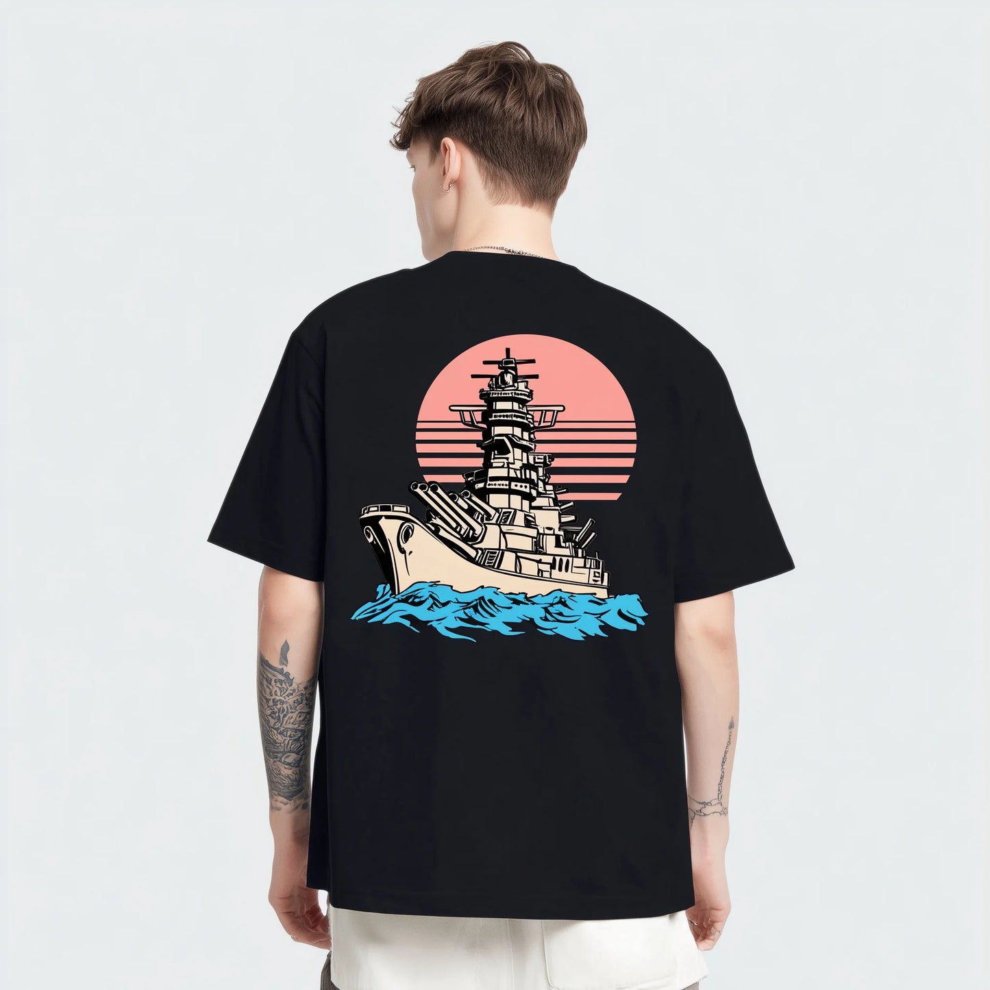 Trendy Tees For Man Short Sleeve T-Shirt Retro Battleship Sunset Print Casual Daily Wear