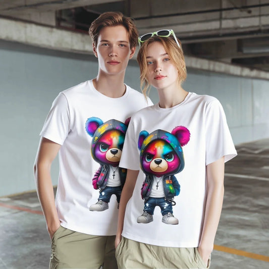 Colorful Bear Print Casual T Shirts for Couples - Unique Design Graphic Tee Shirts for Men Women, Perfect for Daily Wear Trendy Graphic Tee 2025