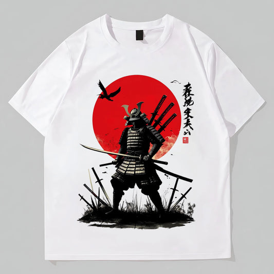 Men's Short Sleeve T-Shirt Samurai Warrior with Red Sun Print for Casual Wear POD Graphic Tees