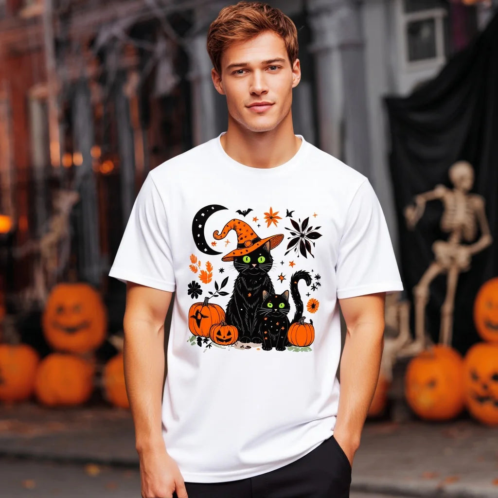 Halloween Casual Round Neck Short Sleeve T-Shirt Regular Fit Cat and Pumpkin Print Comfortable Men's Top Fashion Streetwear