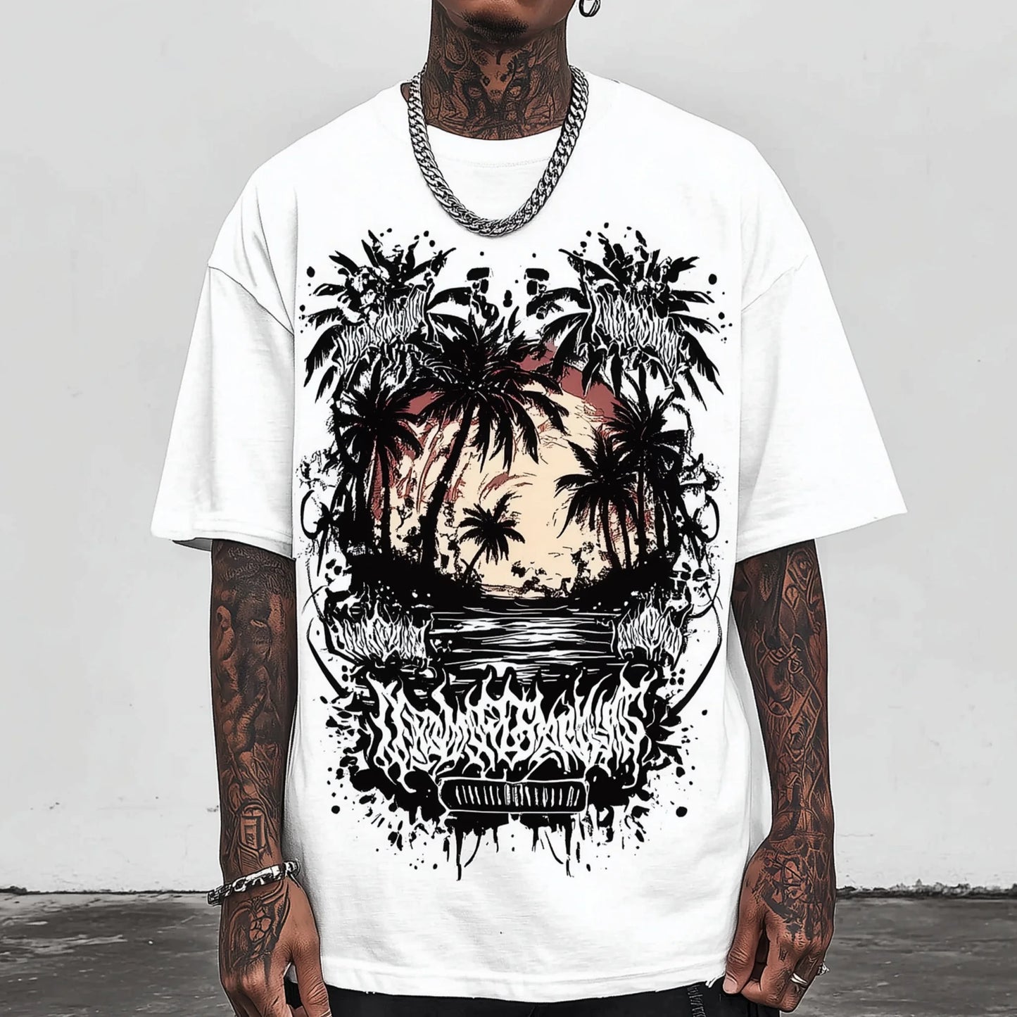 Trendy Tees For Man Oversized T-Shirt Palm Tree Sunset Graphic Print Casual Streetwear Daily Wear