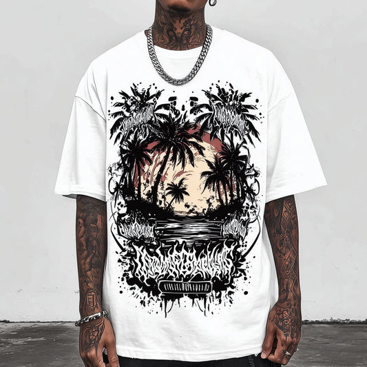 Trendy Tees For Man Oversized T-Shirt Palm Tree Sunset Graphic Print Casual Streetwear Daily Wear