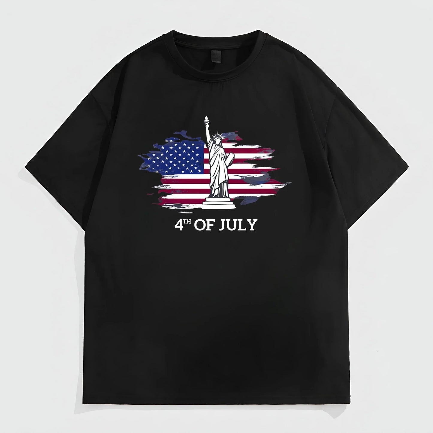 Trendy Tees for Men Black Short Sleeve T-Shirt with American Flag and Statue Graphic for Independence Day Celebrations
