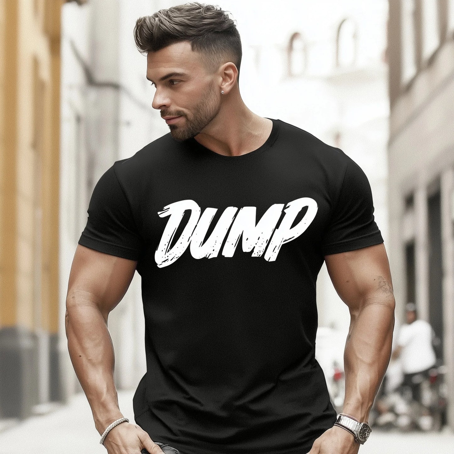 Trendy Tees For Man Short Sleeve T-Shirt Bold White Letter DUMP Print Casual Streetwear Fitness Gym Wear