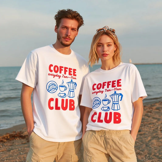 Cotton T Shirt Coffee Club Print Beachwear for Couples Graphic Tee Summer Casual Outfit Men Women Short Sleeve Top Trendy Graphic Tee 2025